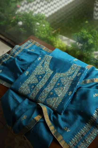 Deep Aqua Blue Shade Moonga Silk Chikankari Unstitched Fabric