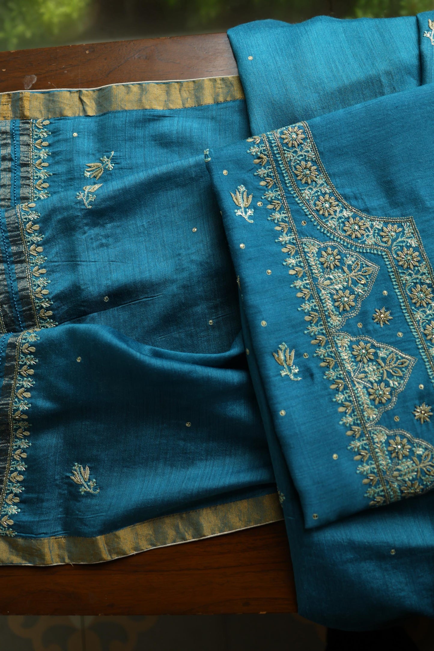 Deep Aqua Blue Shade Moonga Silk Chikankari Unstitched Fabric