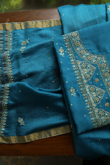 Deep Aqua Blue Shade Moonga Silk Chikankari Unstitched Fabric