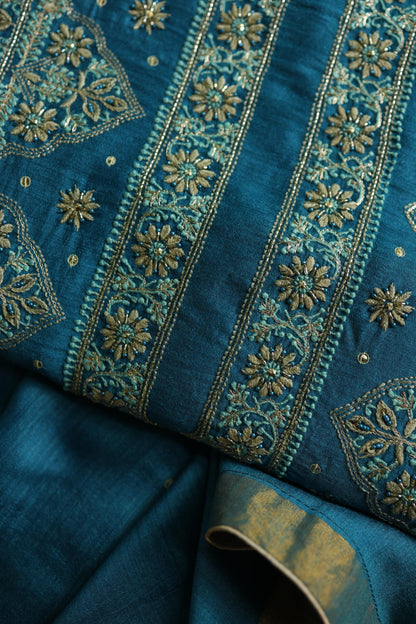 Deep Aqua Blue Shade Moonga Silk Chikankari Unstitched Fabric