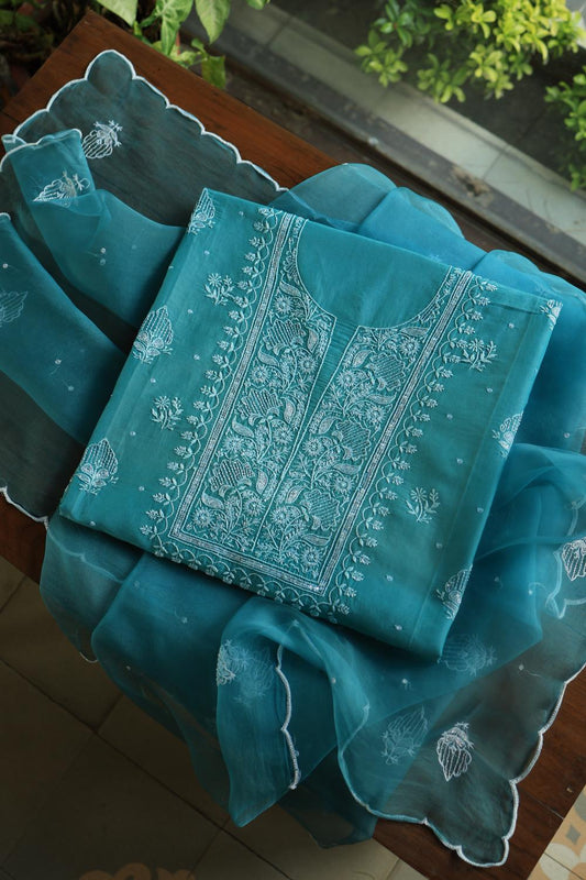 Deep Aqua Mal Chanderi Silk Chikankari With Sequins Unstitched Kurta Dupatta Set