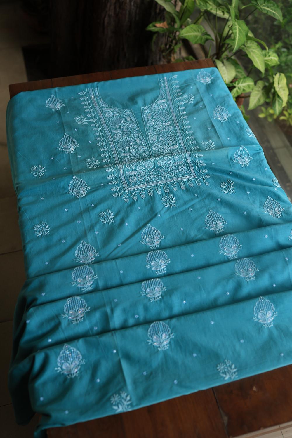 Deep Aqua Mal Chanderi Silk Chikankari With Sequins Unstitched Kurta Dupatta Set