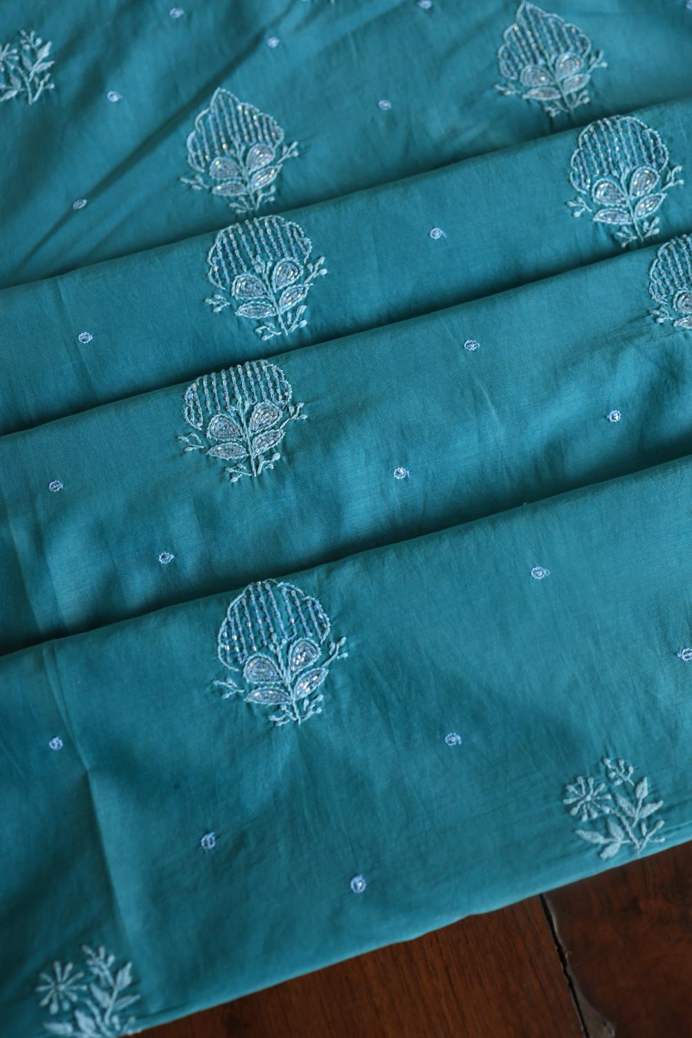 Deep Aqua Mal Chanderi Silk Chikankari With Sequins Unstitched Kurta Dupatta Set