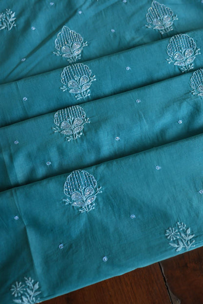 Deep Aqua Mal Chanderi Silk Chikankari With Sequins Unstitched Kurta Dupatta Set