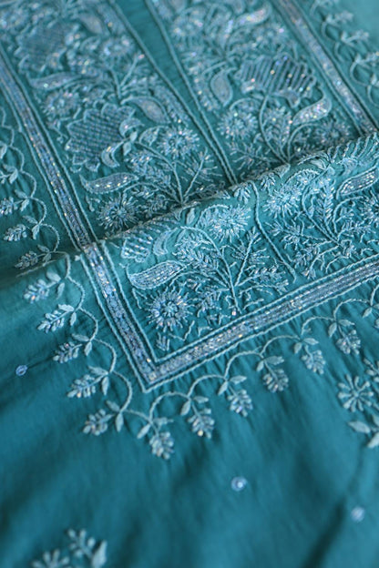 Deep Aqua Mal Chanderi Silk Chikankari With Sequins Unstitched Kurta Dupatta Set