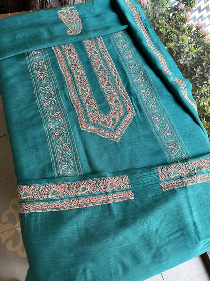 Deep Aqua Shade Moonga Silk Chikankari Men’s Kurta Fabric