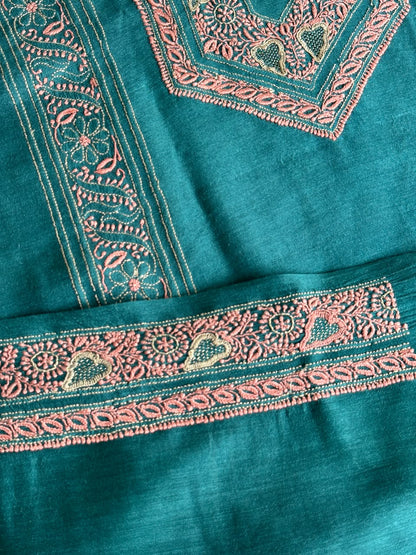 Deep Aqua Shade Moonga Silk Chikankari Men’s Kurta Fabric