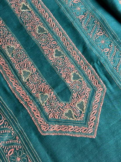 Deep Aqua Shade Moonga Silk Chikankari Men’s Kurta Fabric