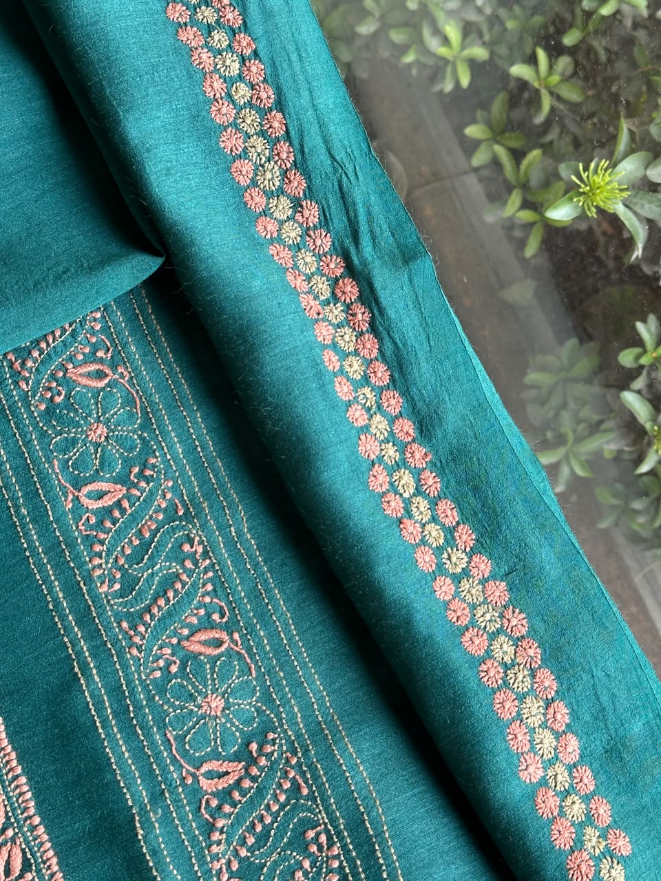 Deep Aqua Shade Moonga Silk Chikankari Men’s Kurta Fabric