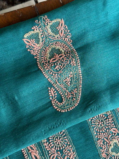Deep Aqua Shade Moonga Silk Chikankari Men’s Kurta Fabric