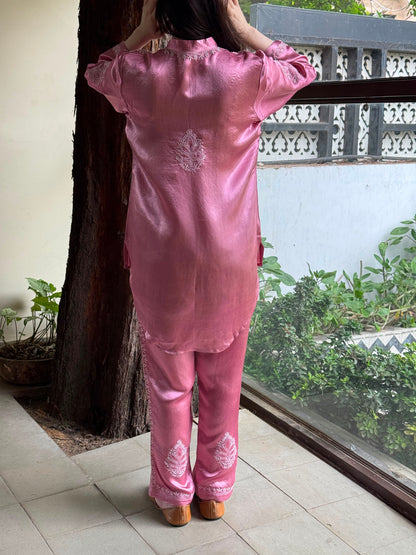 Deep Blush Pink Satin Shimmer Chikankari Co-Ord Set