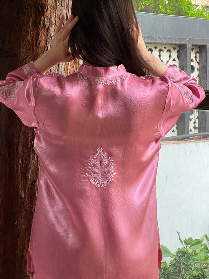 Deep Blush Pink Satin Shimmer Chikankari Co-Ord Set