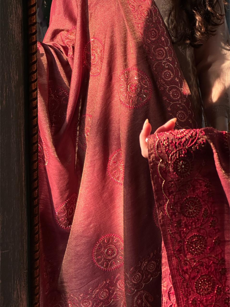 Deep Maroon Shade Fine Chikankari Ari Tissue Silk Dupatta