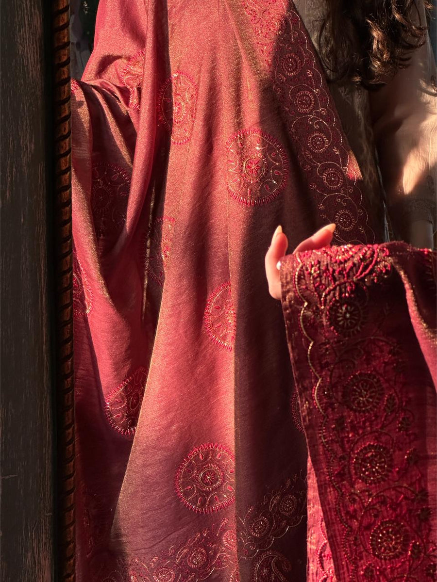Deep Maroon Shade Fine Chikankari Ari Tissue Silk Dupatta