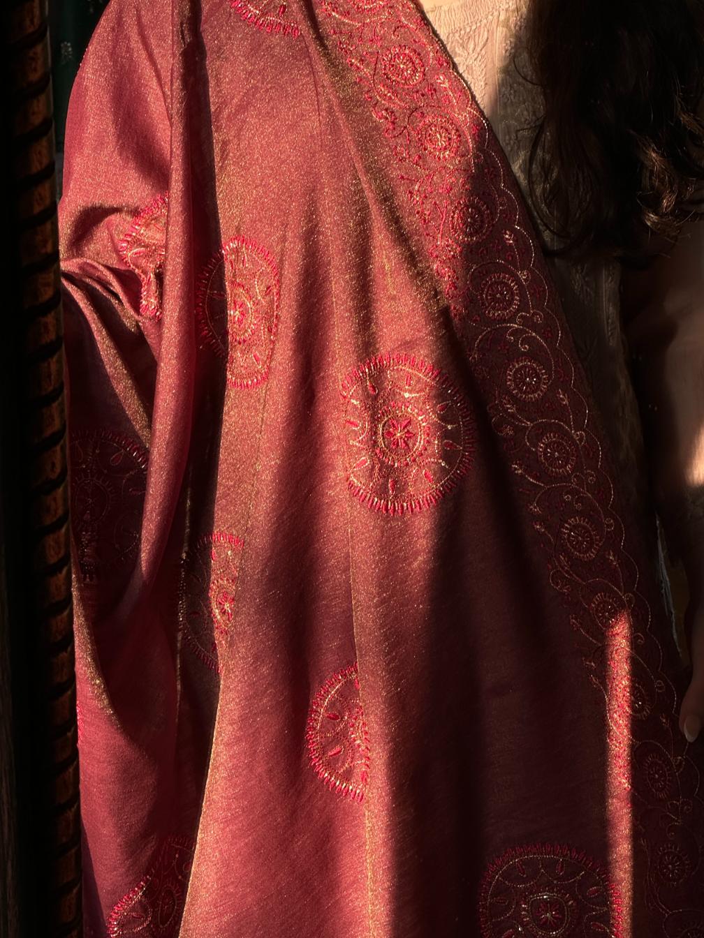 Deep Maroon Shade Fine Chikankari Ari Tissue Silk Dupatta