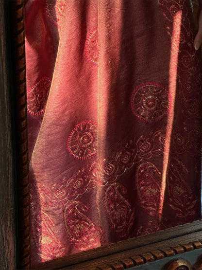 Deep Maroon Shade Fine Chikankari Ari Tissue Silk Dupatta