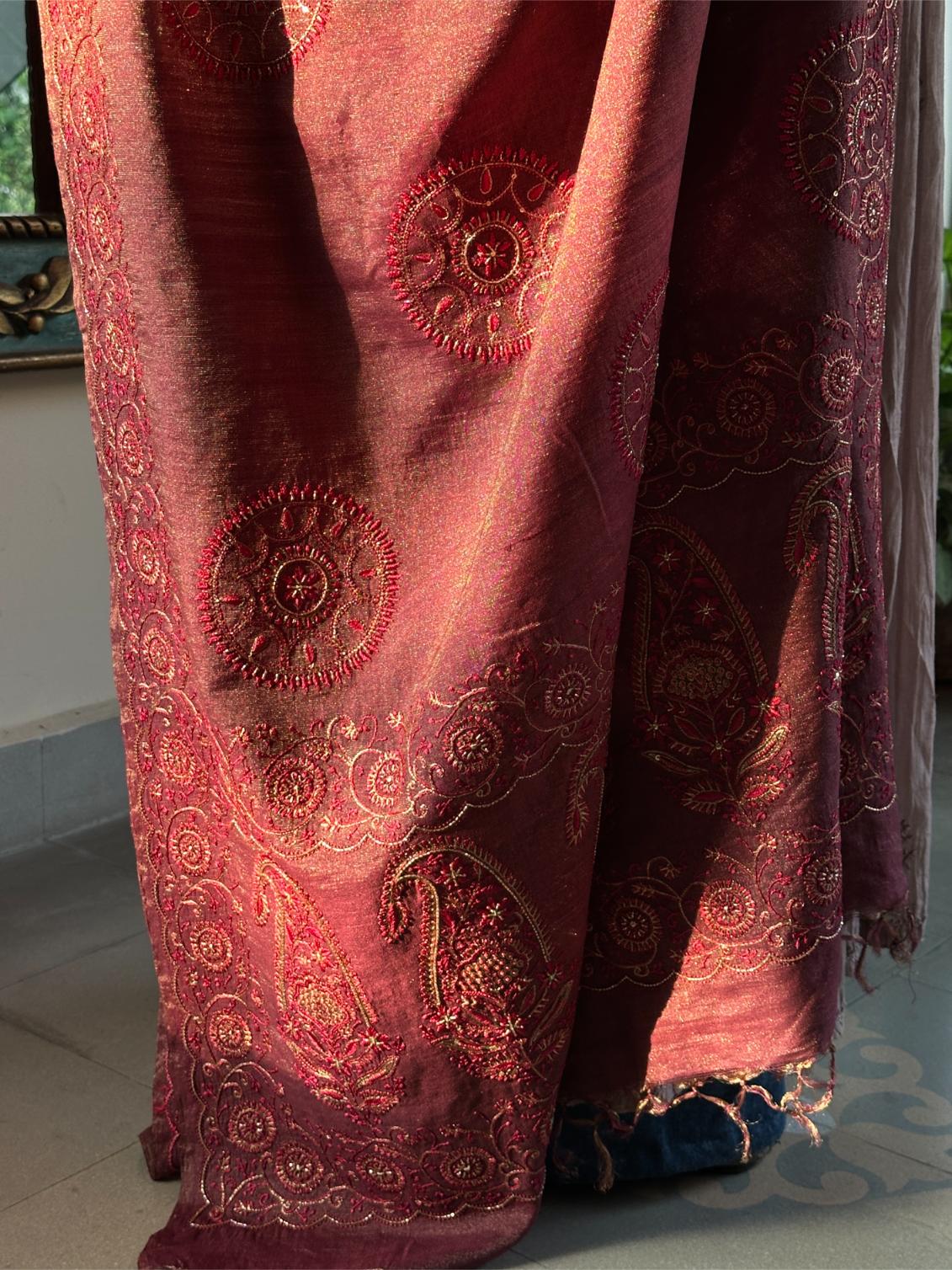 Deep Maroon Shade Fine Chikankari Ari Tissue Silk Dupatta