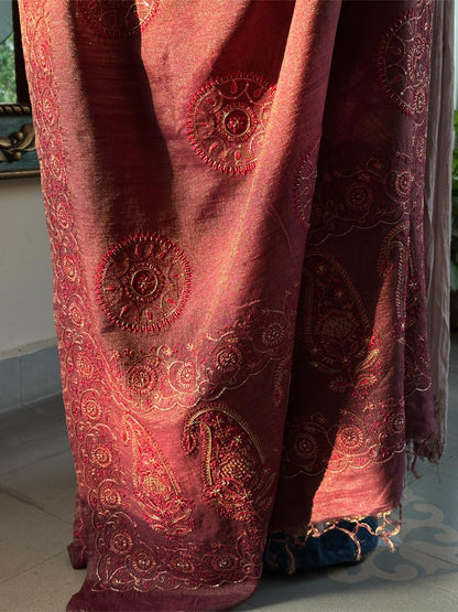 Deep Maroon Shade Fine Chikankari Ari Tissue Silk Dupatta