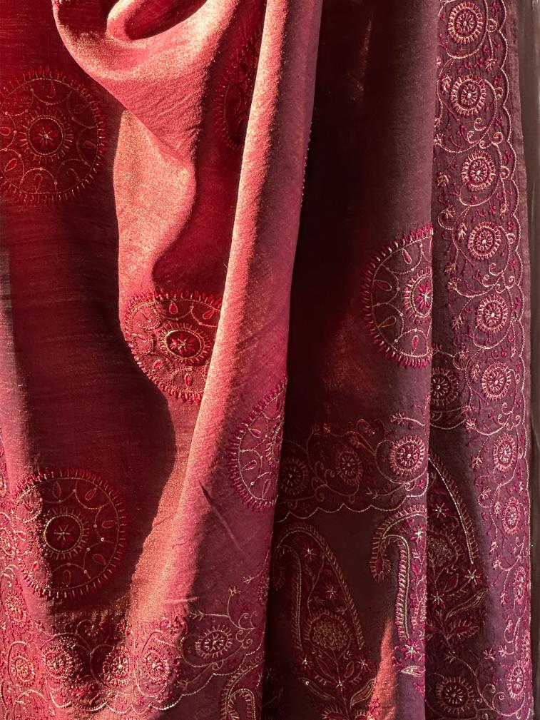 Deep Maroon Shade Fine Chikankari Ari Tissue Silk Dupatta
