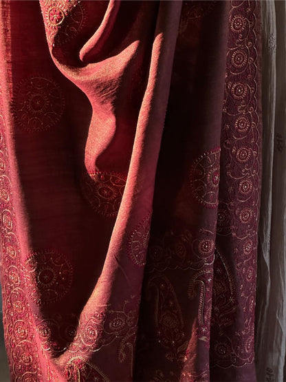 Deep Maroon Shade Fine Chikankari Ari Tissue Silk Dupatta