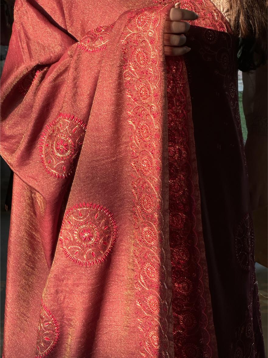 Deep Maroon Shade Fine Chikankari Ari Tissue Silk Dupatta