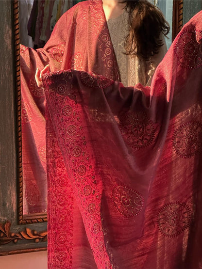 Deep Maroon Shade Fine Chikankari Ari Tissue Silk Dupatta
