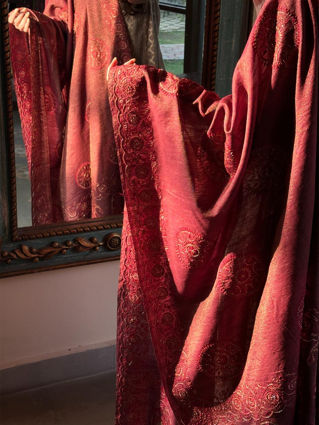 Deep Maroon Shade Fine Chikankari Ari Tissue Silk Dupatta