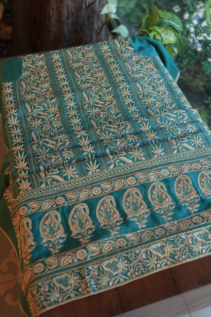 Deep Ocean Blue Moonga Silk Chikankari Unstitched Fabrics