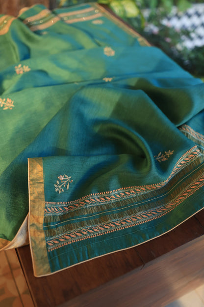 Deep Ocean Blue Moonga Silk Chikankari Unstitched Fabrics