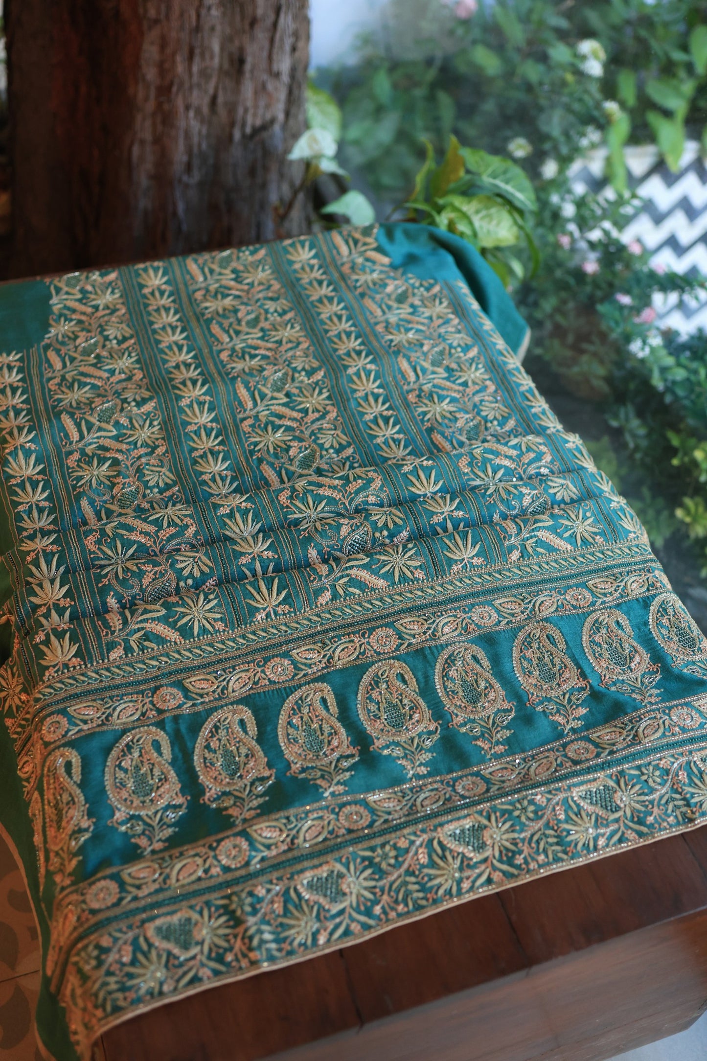 Deep Ocean Blue Moonga Silk Chikankari Unstitched Fabrics