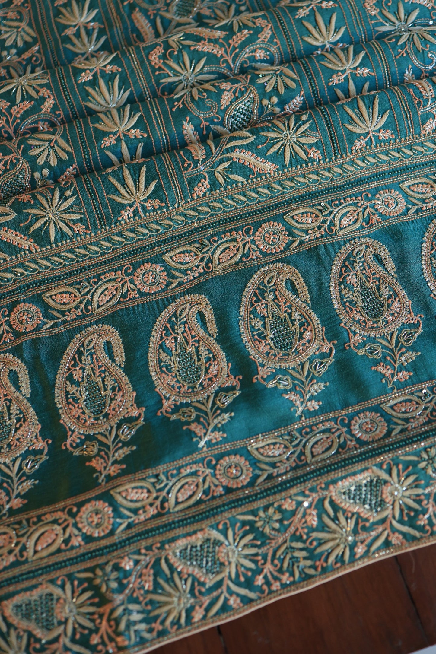 Deep Ocean Blue Moonga Silk Chikankari Unstitched Fabrics
