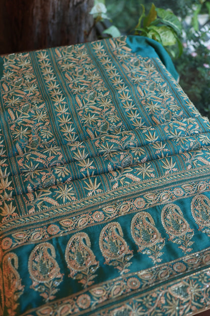 Deep Ocean Blue Moonga Silk Chikankari Unstitched Fabrics