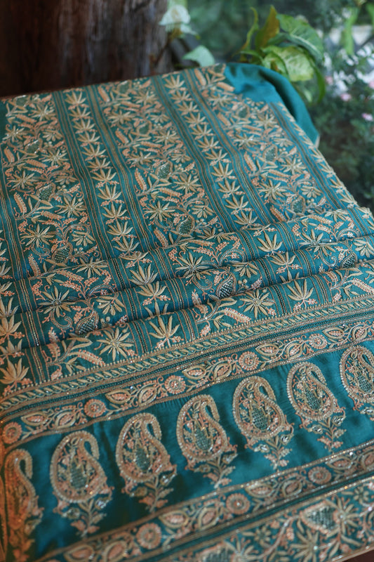 Deep Ocean Blue Moonga Silk Chikankari Unstitched Fabrics