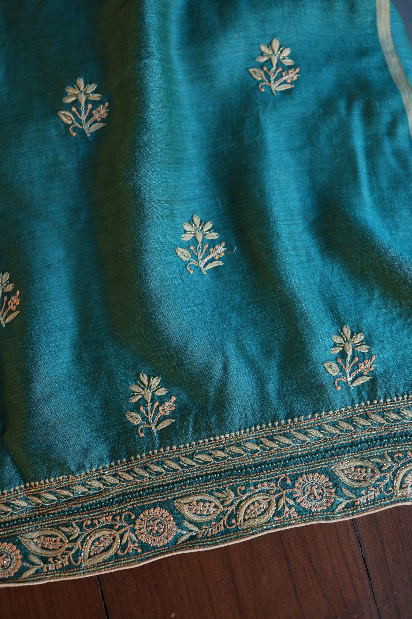 Deep Ocean Blue Moonga Silk Chikankari Unstitched Fabrics