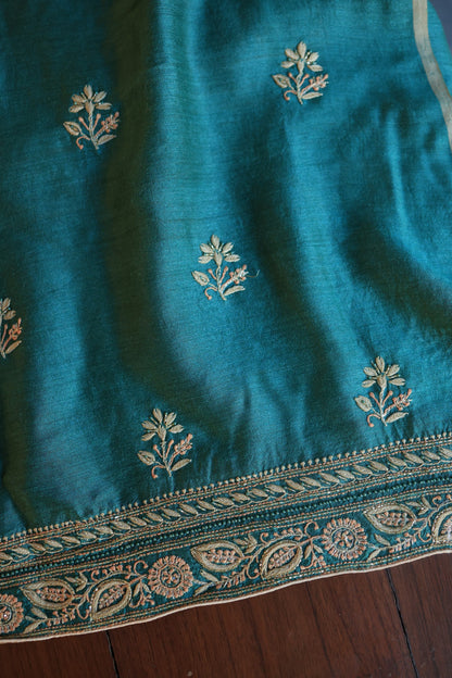 Deep Ocean Blue Moonga Silk Chikankari Unstitched Fabrics
