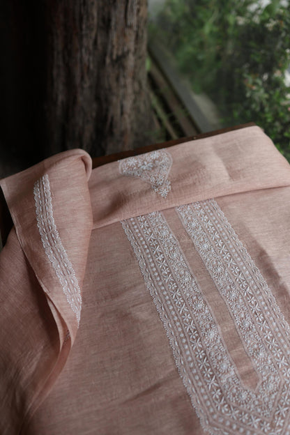Deep Peach Linen Chikankari Unstitched Men's Kurtas Fabric