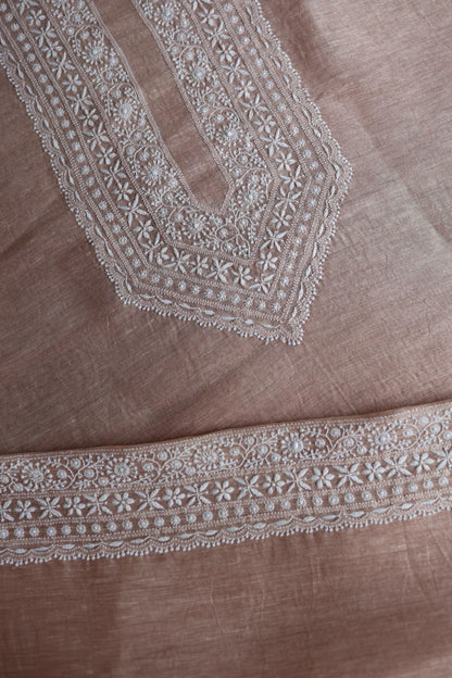 Deep Peach Linen Chikankari Unstitched Men's Kurtas Fabric