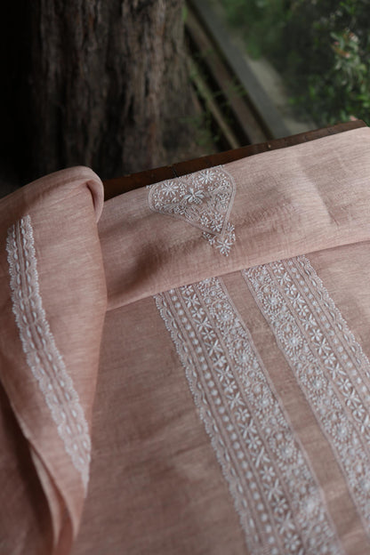 Deep Peach Linen Chikankari Unstitched Men's Kurtas Fabric