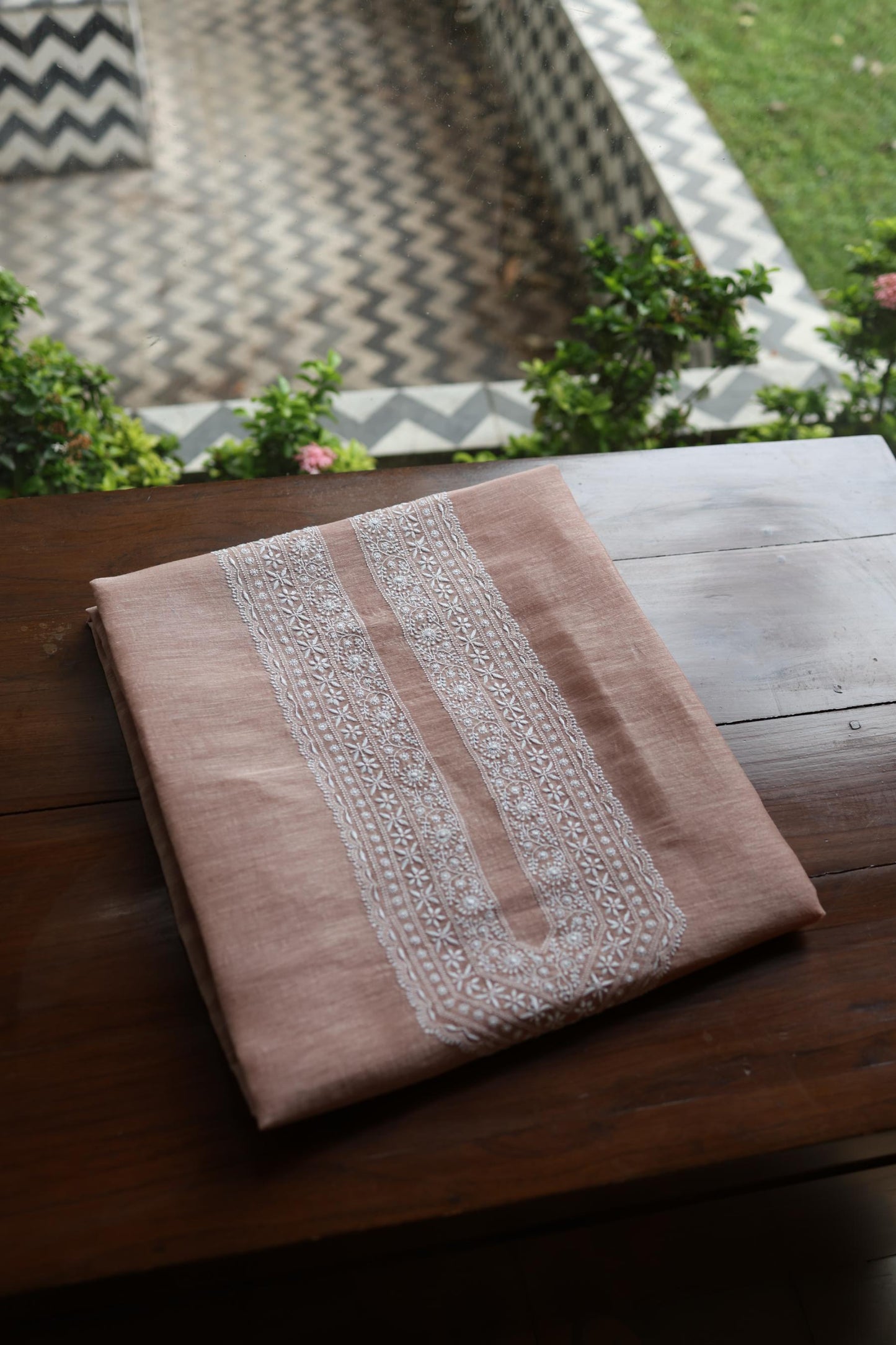 Deep Peach Linen Chikankari Unstitched Men's Kurtas Fabric