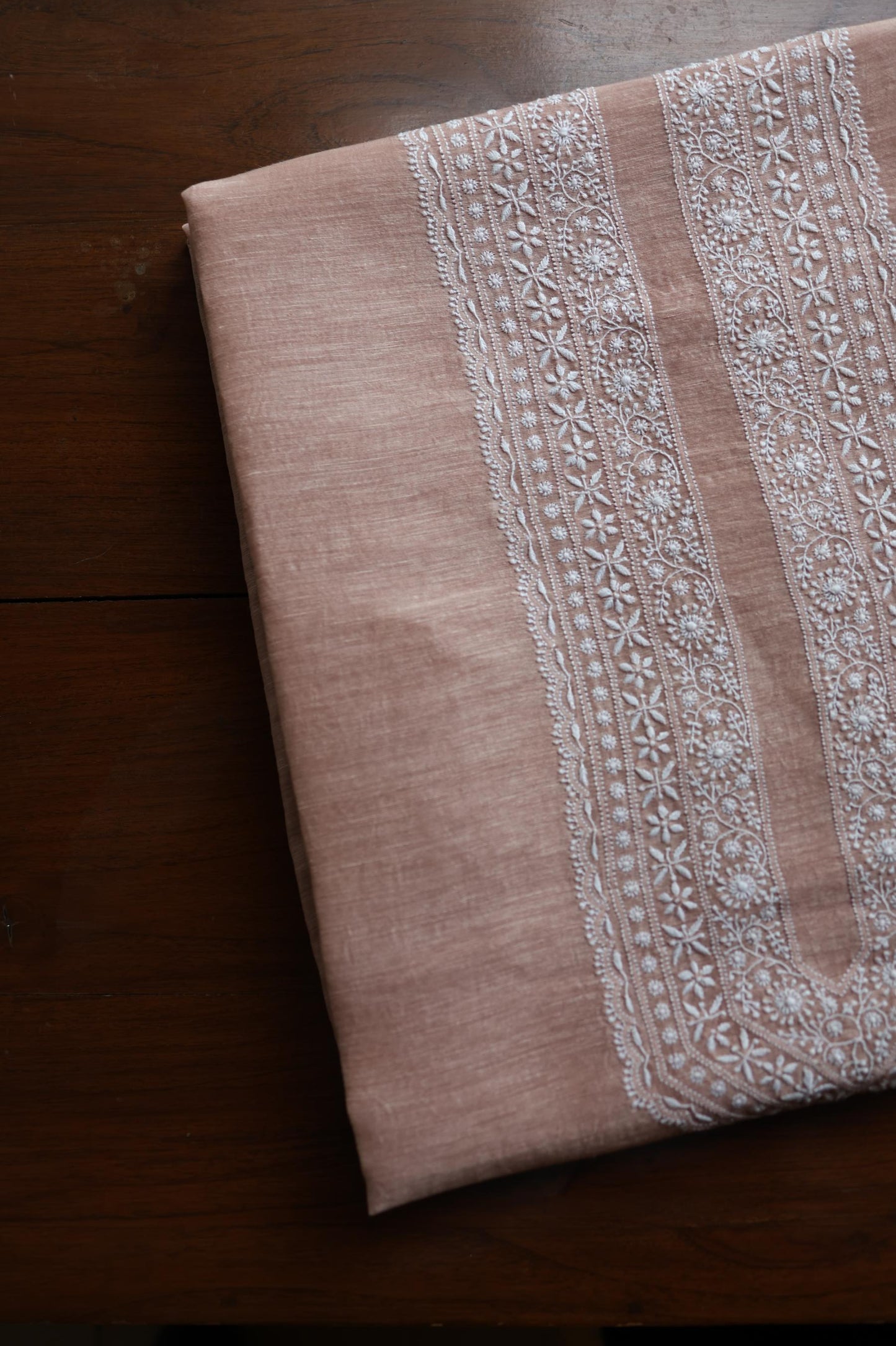 Deep Peach Linen Chikankari Unstitched Men's Kurtas Fabric