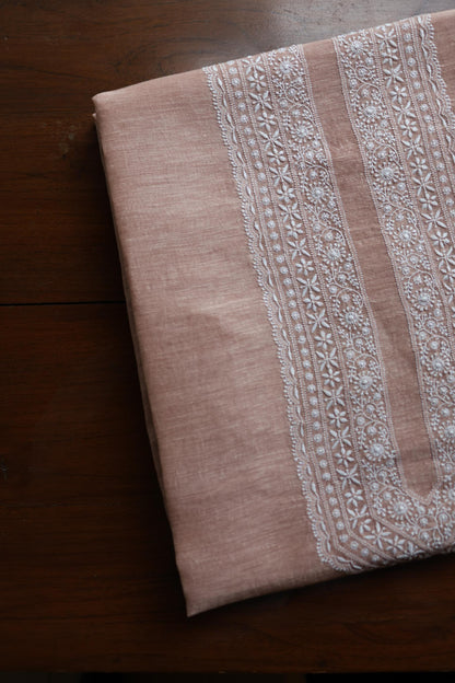 Deep Peach Linen Chikankari Unstitched Men's Kurtas Fabric