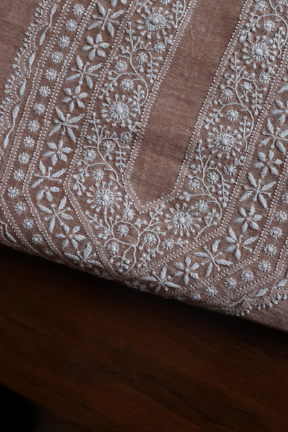 Deep Peach Linen Chikankari Unstitched Men's Kurtas Fabric