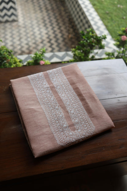 Deep Peach Linen Chikankari Unstitched Men's Kurtas Fabric
