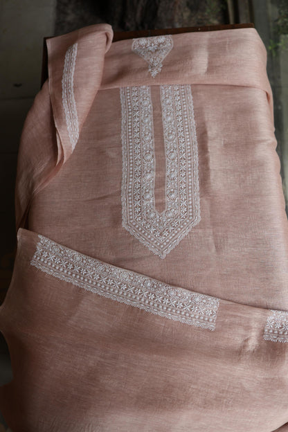 Deep Peach Linen Chikankari Unstitched Men's Kurtas Fabric