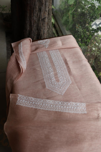 Deep Peach Linen Chikankari Unstitched Men's Kurtas Fabric