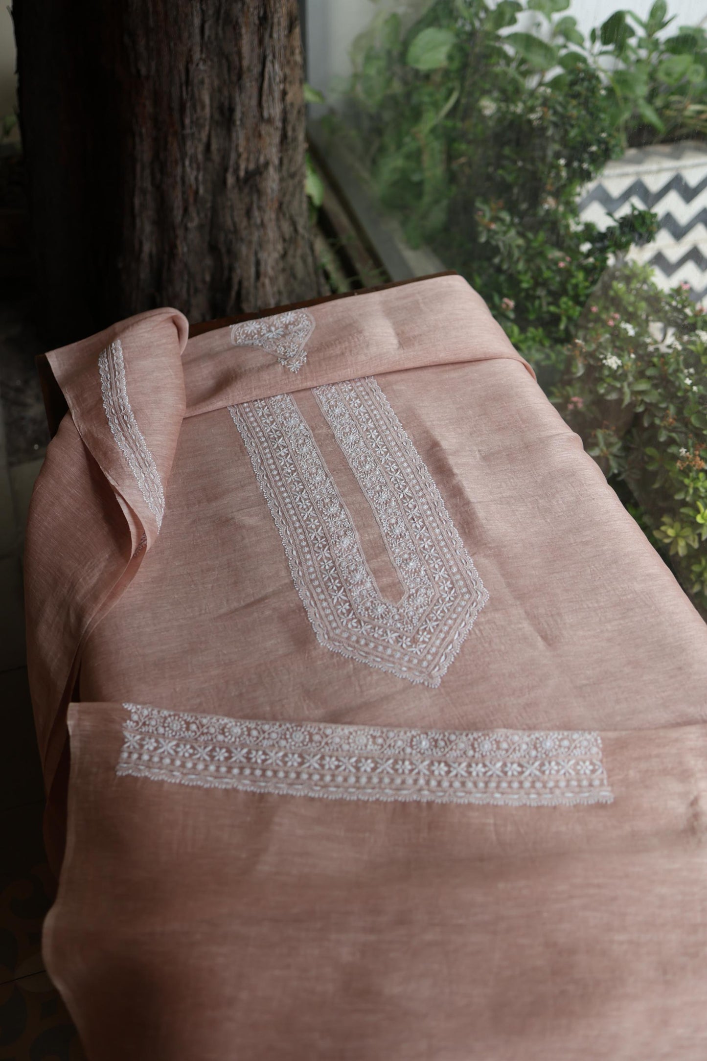 Deep Peach Linen Chikankari Unstitched Men's Kurtas Fabric