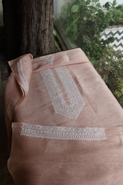 Deep Peach Linen Chikankari Unstitched Men's Kurtas Fabric