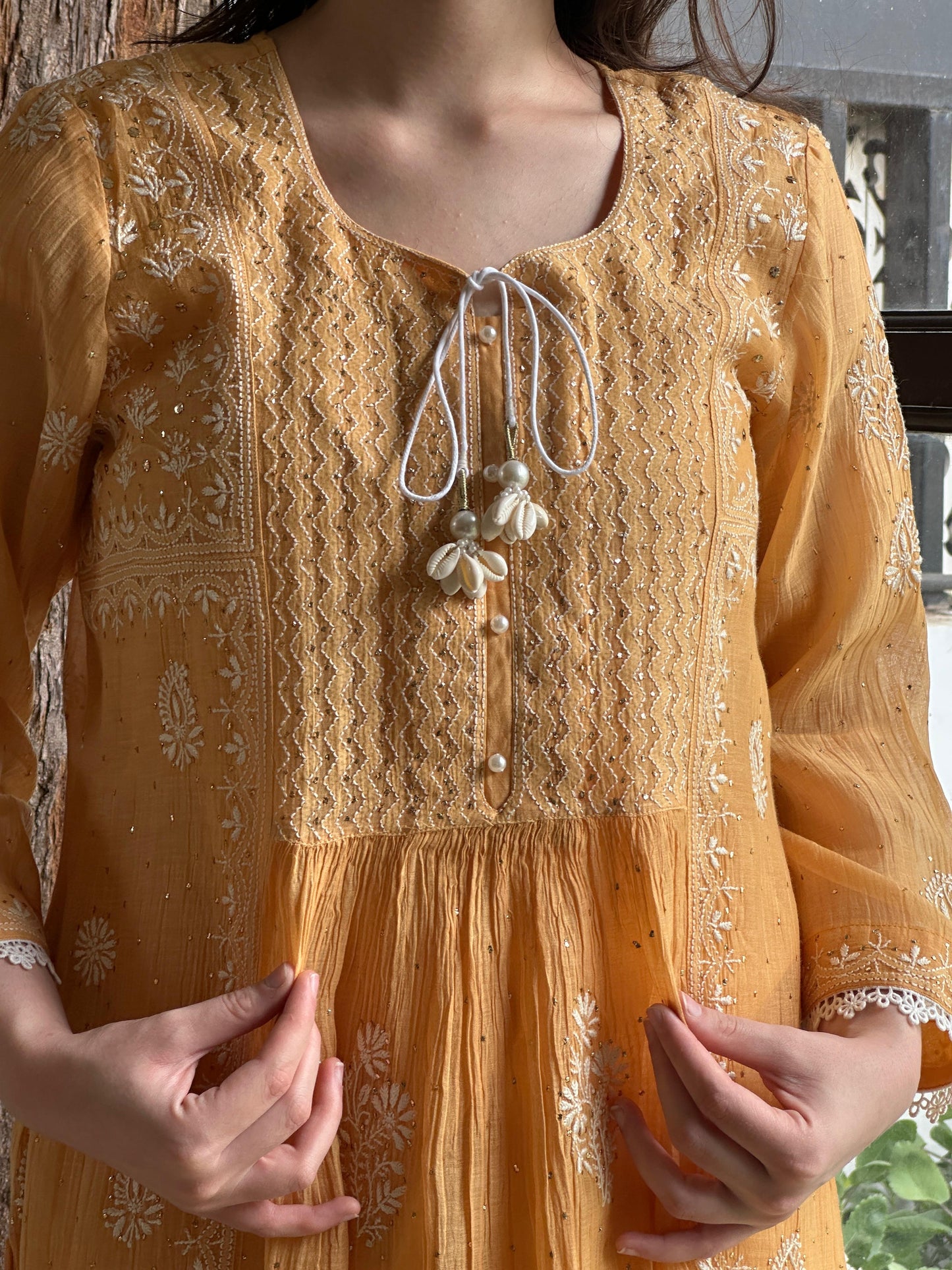Deep Peach Shade Malmal Mukaish Kamdani Chikankari Stitched Kurta Dupatta Set