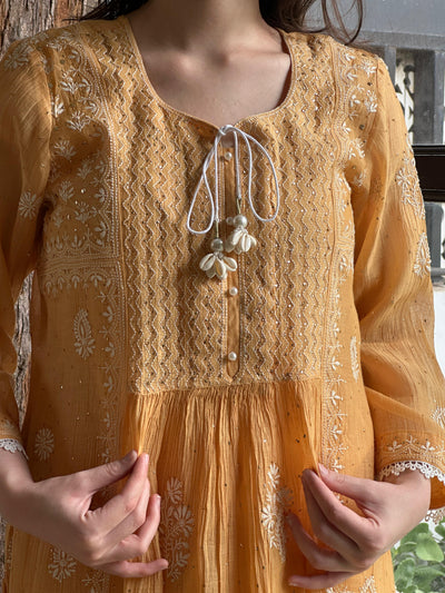 Deep Peach Shade Malmal Mukaish Kamdani Chikankari Stitched Kurta Dupatta Set