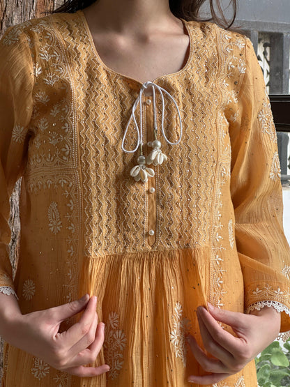 Deep Peach Shade Malmal Mukaish Kamdani Chikankari Stitched Kurta Dupatta Set